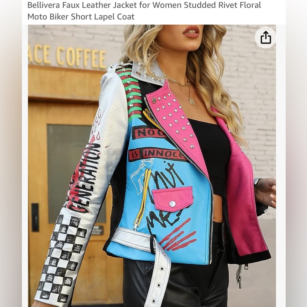 Bellivera Faux Leather Jacket Studded Rivet Floral Moto Biker Short Lapel Coat